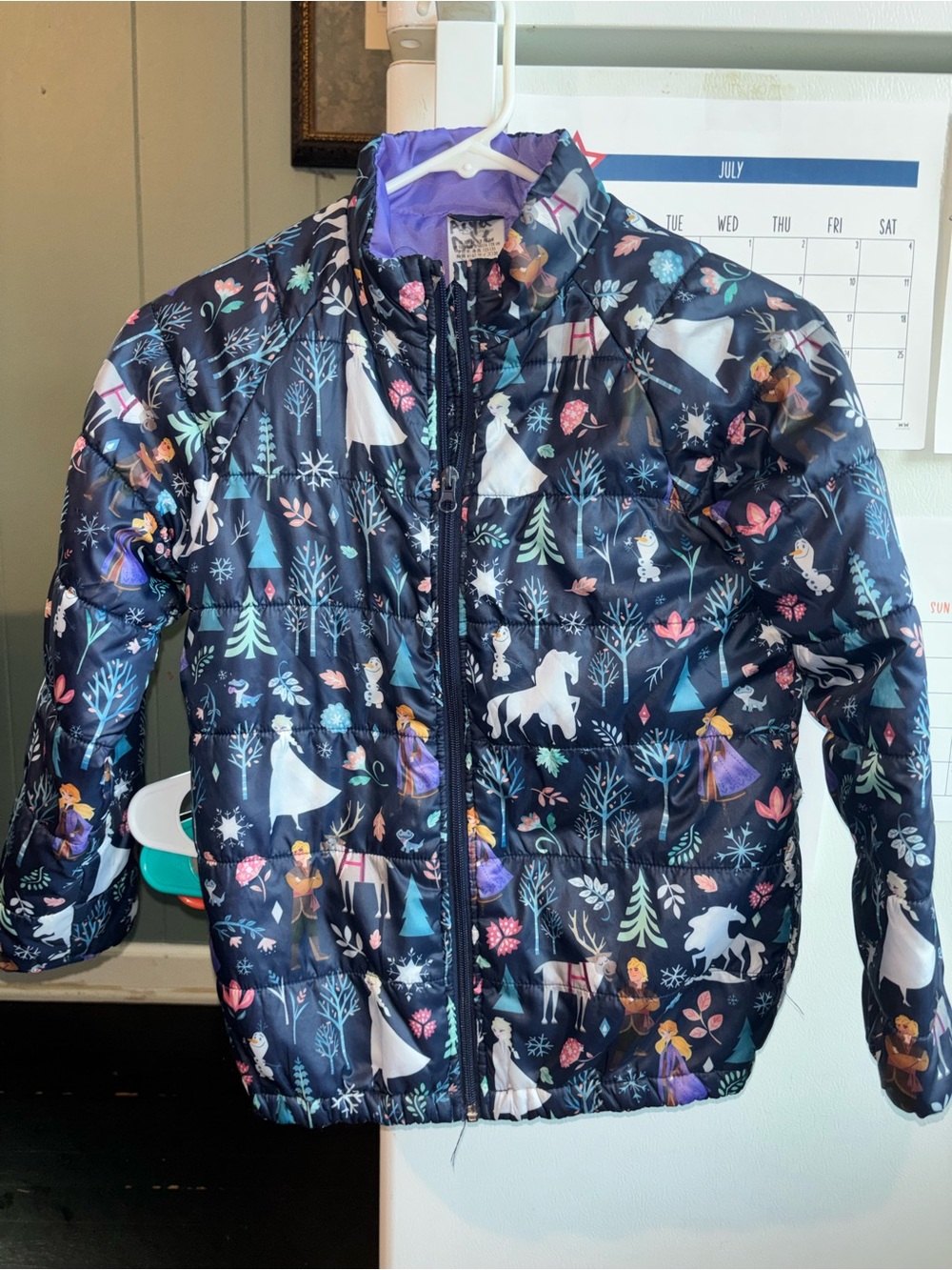 Disney Girls Navy Puffy Jacket with Princess & Unicorn Print